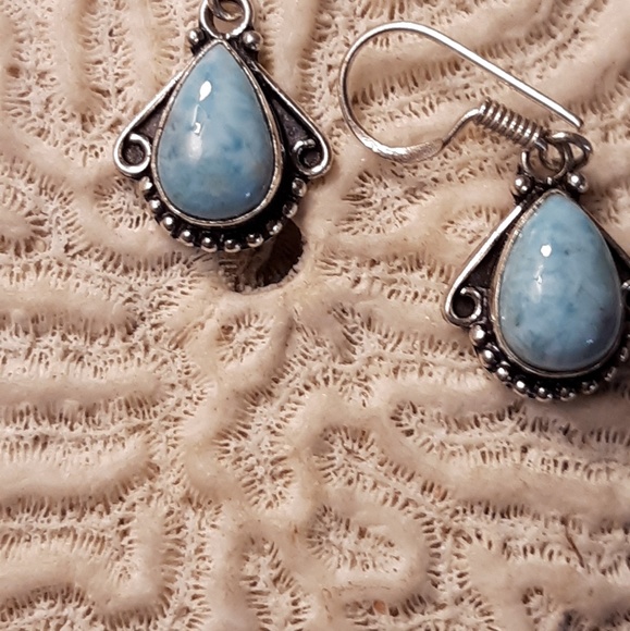 925 SILVER LARIMAR DROP DANGLE VINTAGE LOOKEARRING - Picture 2 of 2